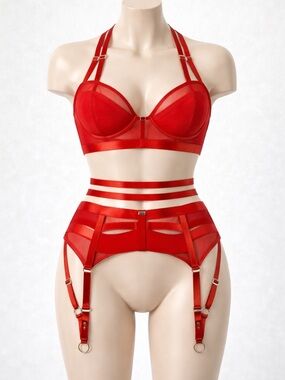 Red Strappy Mesh Bra & Garter Set